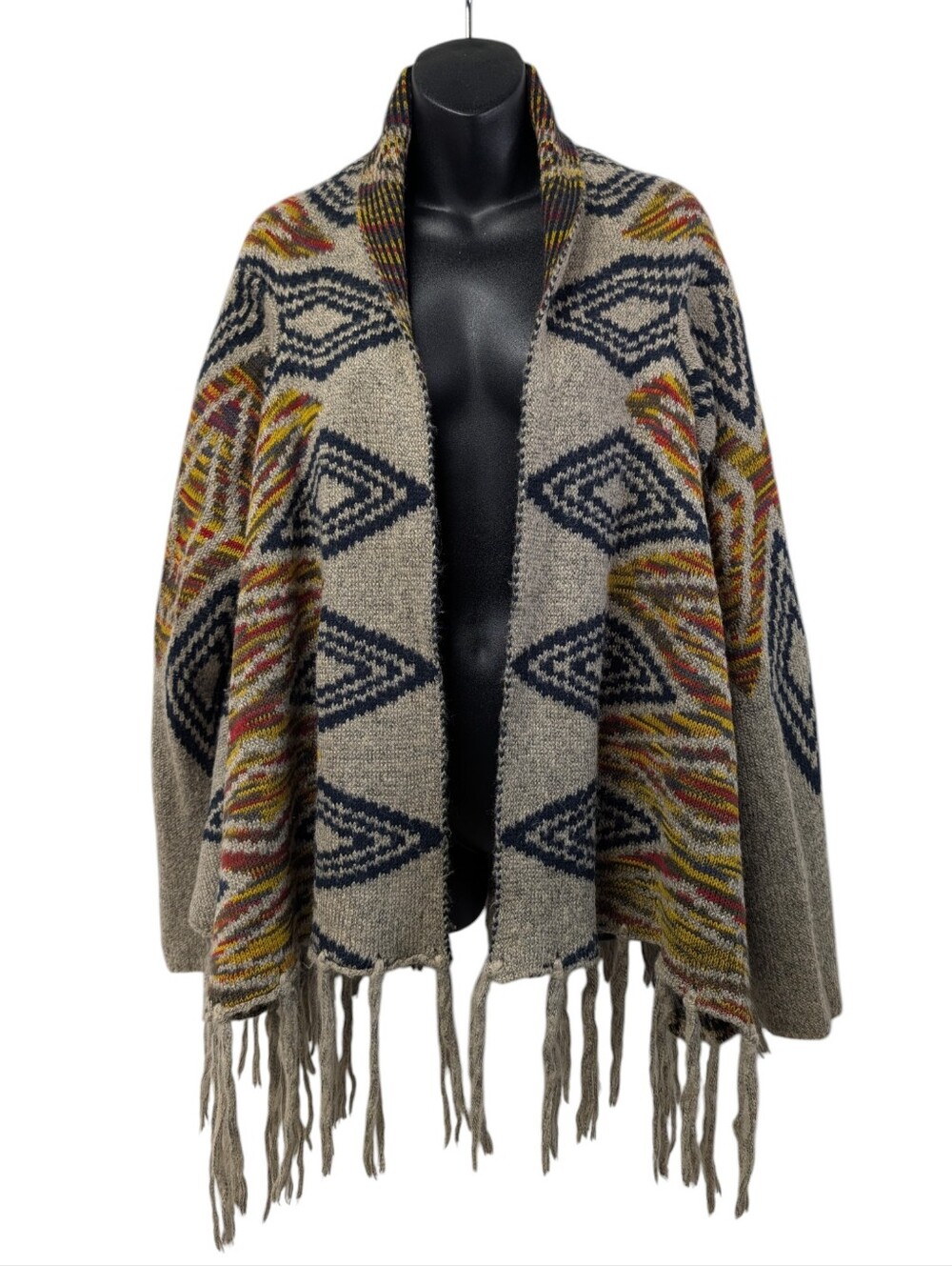Cliche Couture Women Southwestern Aztec Fringe Knit Cardigan Poncho Size XL
